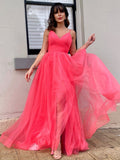 Vestido de noche de fiesta con corte A/princesa, tul, volantes, escote en V, sin mangas, cola larga