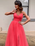 Vestido de noche de fiesta con corte A/princesa, tul, volantes, escote en V, sin mangas, cola larga