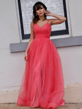 Vestido de noche de fiesta con corte A/princesa, tul, volantes, escote en V, sin mangas, cola larga