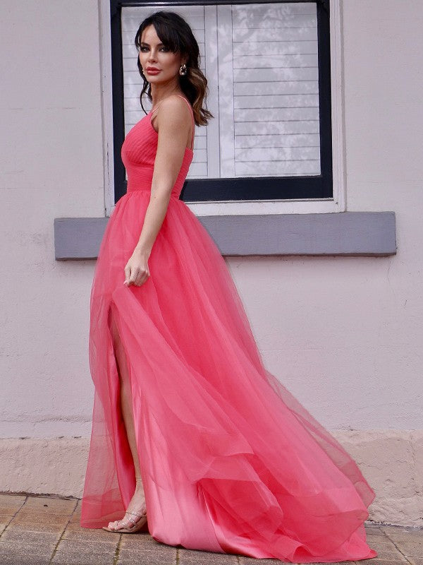 Vestido de noche de fiesta con corte A/princesa, tul, volantes, escote en V, sin mangas, cola larga