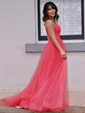 Vestido de noche de fiesta con corte A/princesa, tul, volantes, escote en V, sin mangas, cola larga