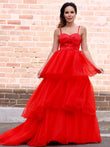Vestido de fiesta de noche con corte A/princesa, capas de tul, tirantes finos, sin mangas, cola larga