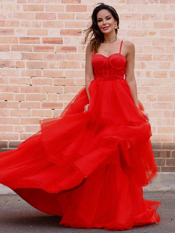 Vestido de fiesta de noche con corte A/princesa, capas de tul, tirantes finos, sin mangas, cola larga
