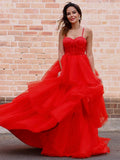 Vestido de fiesta de noche con corte A/princesa, capas de tul, tirantes finos, sin mangas, cola larga