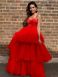 Vestido de fiesta de noche con corte A/princesa, capas de tul, tirantes finos, sin mangas, cola larga