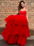 Vestido de fiesta de noche con corte A/princesa, capas de tul, tirantes finos, sin mangas, cola larga