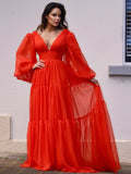 A-Line/Princess V-neck Long Sleeves 30D Chiffon Ruffles Sweep/Brush Train Dresses Prom Evening Dress