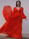 A-Line/Princess V-neck Long Sleeves 30D Chiffon Ruffles Sweep/Brush Train Dresses Prom Evening Dress