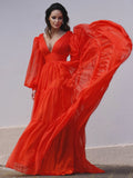 A-Line/Princess V-neck Long Sleeves 30D Chiffon Ruffles Sweep/Brush Train Dresses Prom Evening Dress