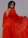 A-Line/Princess V-neck Long Sleeves 30D Chiffon Ruffles Sweep/Brush Train Dresses Prom Evening Dress