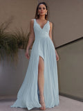 Vestido de noche de graduación con escote en V, sin mangas, largo hasta el suelo, de jersey, corte A/princesa y volantes