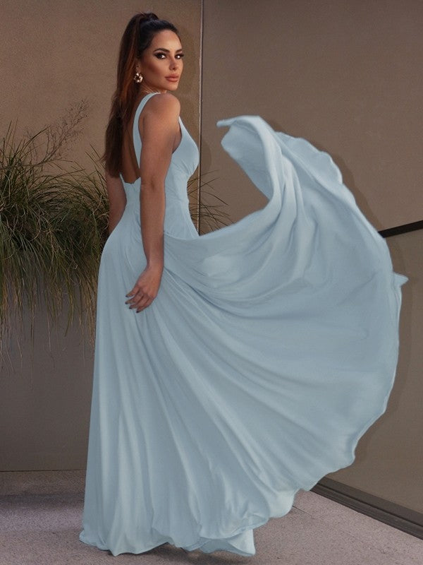 Vestido de noche de graduación con escote en V, sin mangas, largo hasta el suelo, de jersey, corte A/princesa y volantes