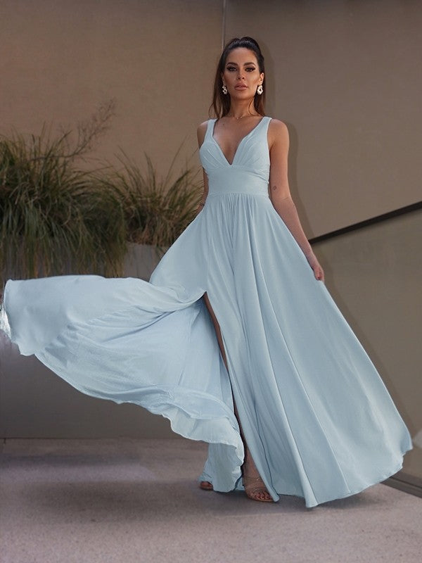 Vestido de noche de graduación con escote en V, sin mangas, largo hasta el suelo, de jersey, corte A/princesa y volantes