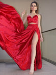 A-Line/Princess Silk like Satin Ruffles V-neck Sleeveless Sweep/Brush Train Two Piece Dresses Prom Evening Dress