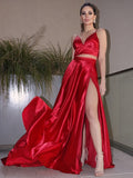 A-Line/Princess Silk like Satin Ruffles V-neck Sleeveless Sweep/Brush Train Two Piece Dresses Prom Evening Dress