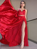 A-Line/Princess Silk like Satin Ruffles V-neck Sleeveless Sweep/Brush Train Two Piece Dresses Prom Evening Dress