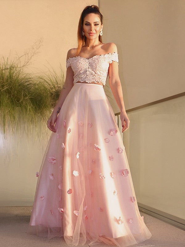 Vestido de fiesta de noche de dos piezas, corte A/princesa, de tul, hecho a mano, con flores, hombros descubiertos, sin mangas y largo hasta el suelo