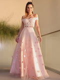 Vestido de fiesta de noche de dos piezas, corte A/princesa, de tul, hecho a mano, con flores, hombros descubiertos, sin mangas y largo hasta el suelo