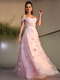 Vestido de fiesta de noche de dos piezas, corte A/princesa, de tul, hecho a mano, con flores, hombros descubiertos, sin mangas y largo hasta el suelo