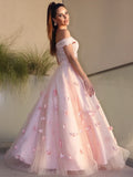 Vestido de fiesta de noche de dos piezas, corte A/princesa, de tul, hecho a mano, con flores, hombros descubiertos, sin mangas y largo hasta el suelo