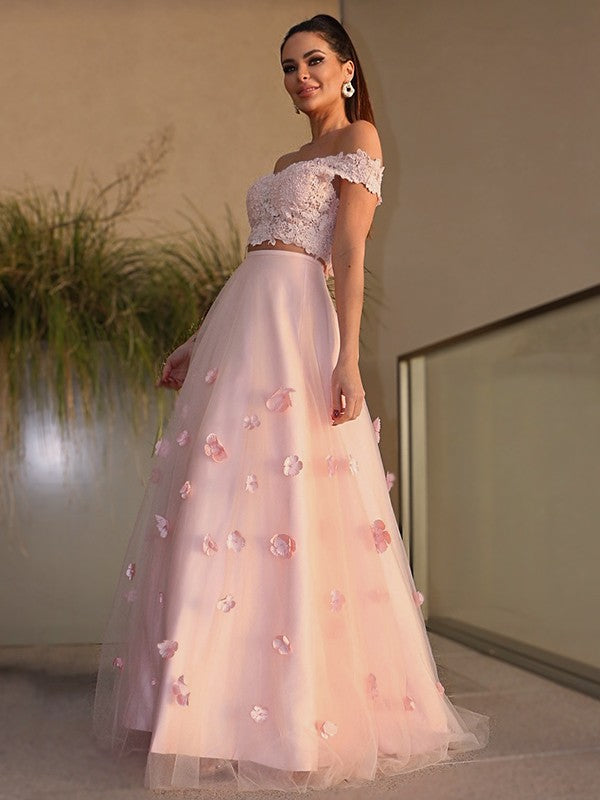 Vestido de fiesta de noche de dos piezas, corte A/princesa, de tul, hecho a mano, con flores, hombros descubiertos, sin mangas y largo hasta el suelo