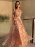 Vestido de fiesta de noche de dos piezas, corte A/princesa, de tul, hecho a mano, con flores, hombros descubiertos, sin mangas y largo hasta el suelo