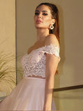 Vestido de fiesta de noche de dos piezas, corte A/princesa, de tul, hecho a mano, con flores, hombros descubiertos, sin mangas y largo hasta el suelo
