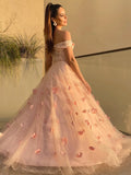 Vestido de fiesta de noche de dos piezas, corte A/princesa, de tul, hecho a mano, con flores, hombros descubiertos, sin mangas y largo hasta el suelo