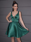 Vestido de fiesta de satén con escote en V, corte princesa, volantes, sin mangas, corto o mini