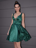 Vestido de fiesta de satén con escote en V, corte princesa, volantes, sin mangas, corto o mini