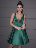 Vestido de fiesta de satén con escote en V, corte princesa, volantes, sin mangas, corto o mini