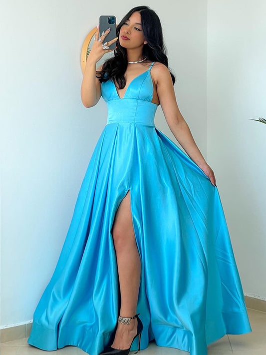 Vestido de noche de graduación con tirantes finos, satén, sin mangas, volantes y corte princesa.