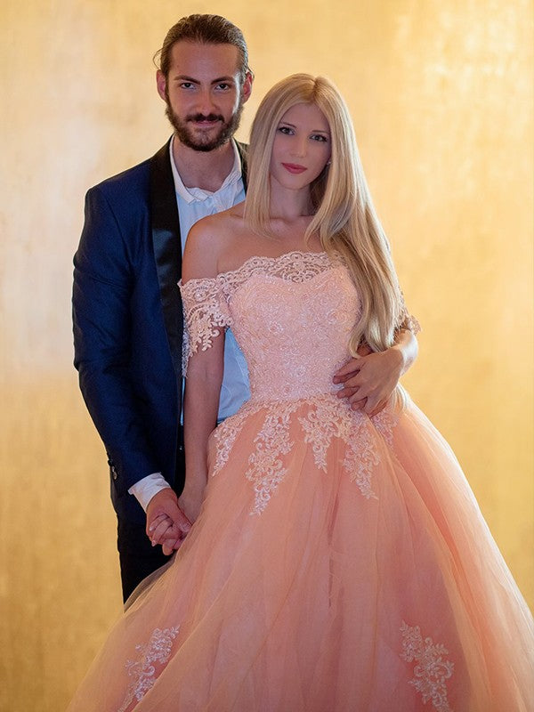 Vestido de fiesta de tul con encaje, hombros descubiertos, sin mangas, con cola de corte, vestido de noche para graduación