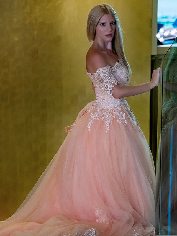 Vestido de fiesta de tul con encaje, hombros descubiertos, sin mangas, con cola de corte, vestido de noche para graduación