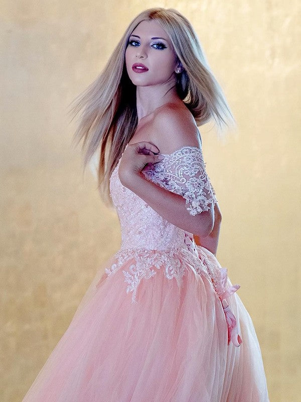 Vestido de fiesta de tul con encaje, hombros descubiertos, sin mangas, con cola de corte, vestido de noche para graduación