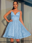 Vestido de fiesta corto/mini sin mangas con escote en V, satén, encaje, corte A/princesa