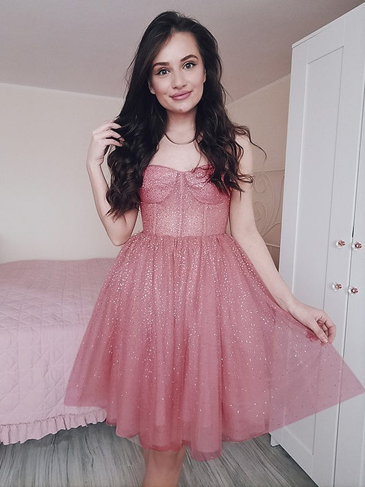 Vestido de cóctel corto/mini de tul con lentejuelas y tirantes finos, corte princesa/corte A, sin mangas