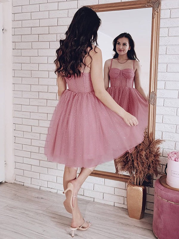 Vestido de cóctel corto/mini de tul con lentejuelas y tirantes finos, corte princesa/corte A, sin mangas