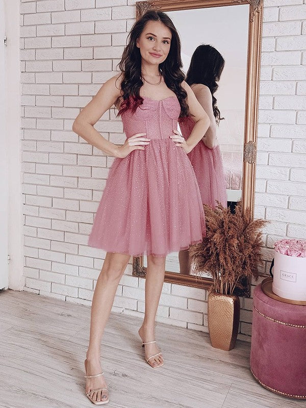 Vestido de cóctel corto/mini de tul con lentejuelas y tirantes finos, corte princesa/corte A, sin mangas