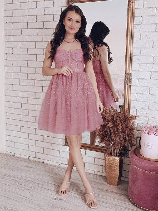 Vestido de cóctel corto/mini de tul con lentejuelas y tirantes finos, corte princesa/corte A, sin mangas