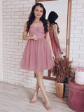 Vestido de cóctel corto/mini de tul con lentejuelas y tirantes finos, corte princesa/corte A, sin mangas