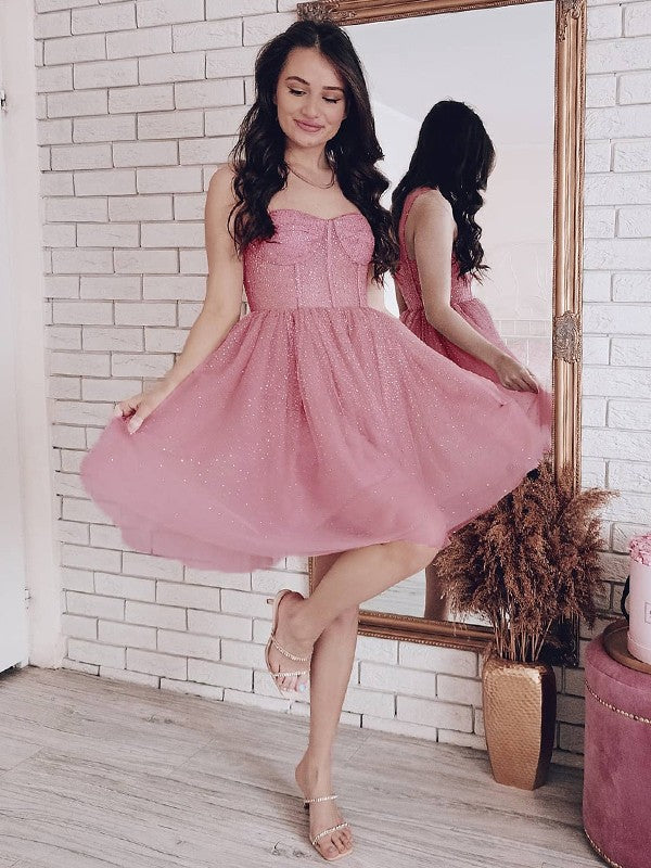 Vestido de cóctel corto/mini de tul con lentejuelas y tirantes finos, corte princesa/corte A, sin mangas