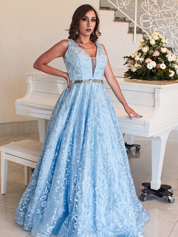 Vestido de noche de graduación con corte A/princesa, apliques de encaje, escote en V, sin mangas y largo hasta el suelo