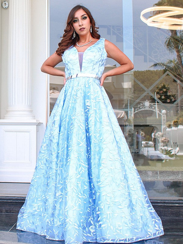 Vestido de noche de graduación con corte A/princesa, apliques de encaje, escote en V, sin mangas y largo hasta el suelo
