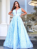 Vestido de noche de graduación con corte A/princesa, apliques de encaje, escote en V, sin mangas y largo hasta el suelo