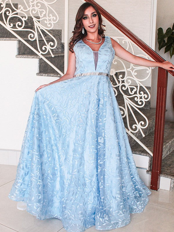 Vestido de noche de graduación con corte A/princesa, apliques de encaje, escote en V, sin mangas y largo hasta el suelo