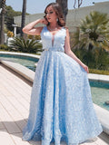 Vestido de noche de graduación con corte A/princesa, apliques de encaje, escote en V, sin mangas y largo hasta el suelo