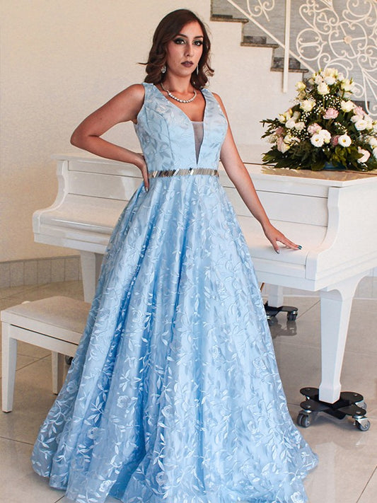 Vestido de noche de graduación con corte A/princesa, apliques de encaje, escote en V, sin mangas y largo hasta el suelo