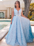 Vestido de noche de graduación con corte A/princesa, apliques de encaje, escote en V, sin mangas y largo hasta el suelo