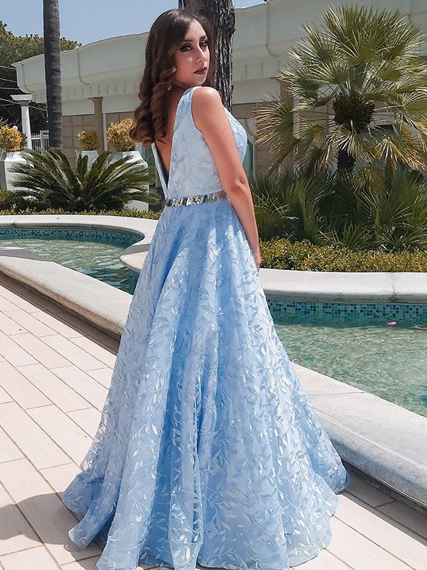 Vestido de noche de graduación con corte A/princesa, apliques de encaje, escote en V, sin mangas y largo hasta el suelo
